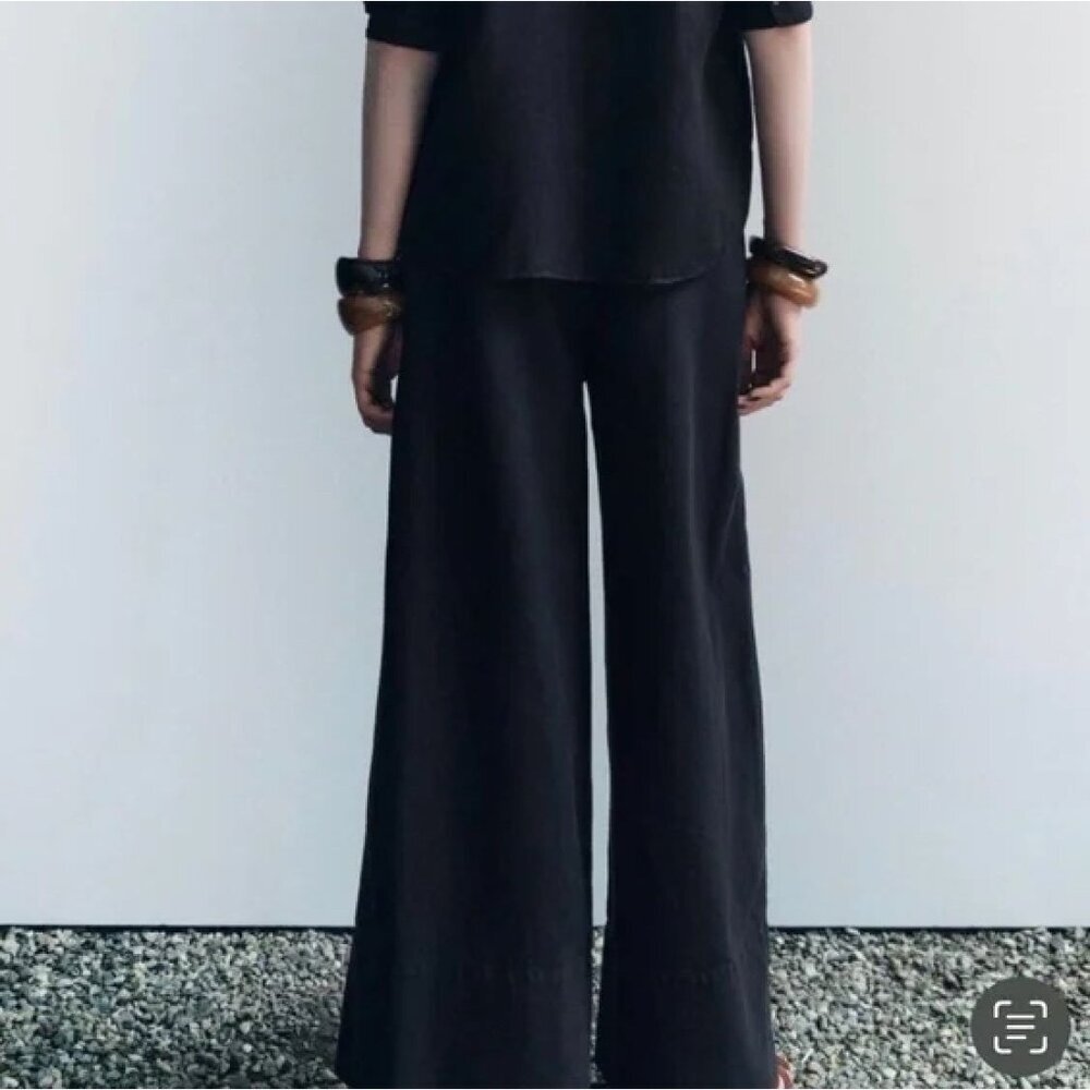 Zara Womens 100% Linen Wide Leg Drawstring Pockets Pants Size XL Black SP NWT - Picture 2 of 12